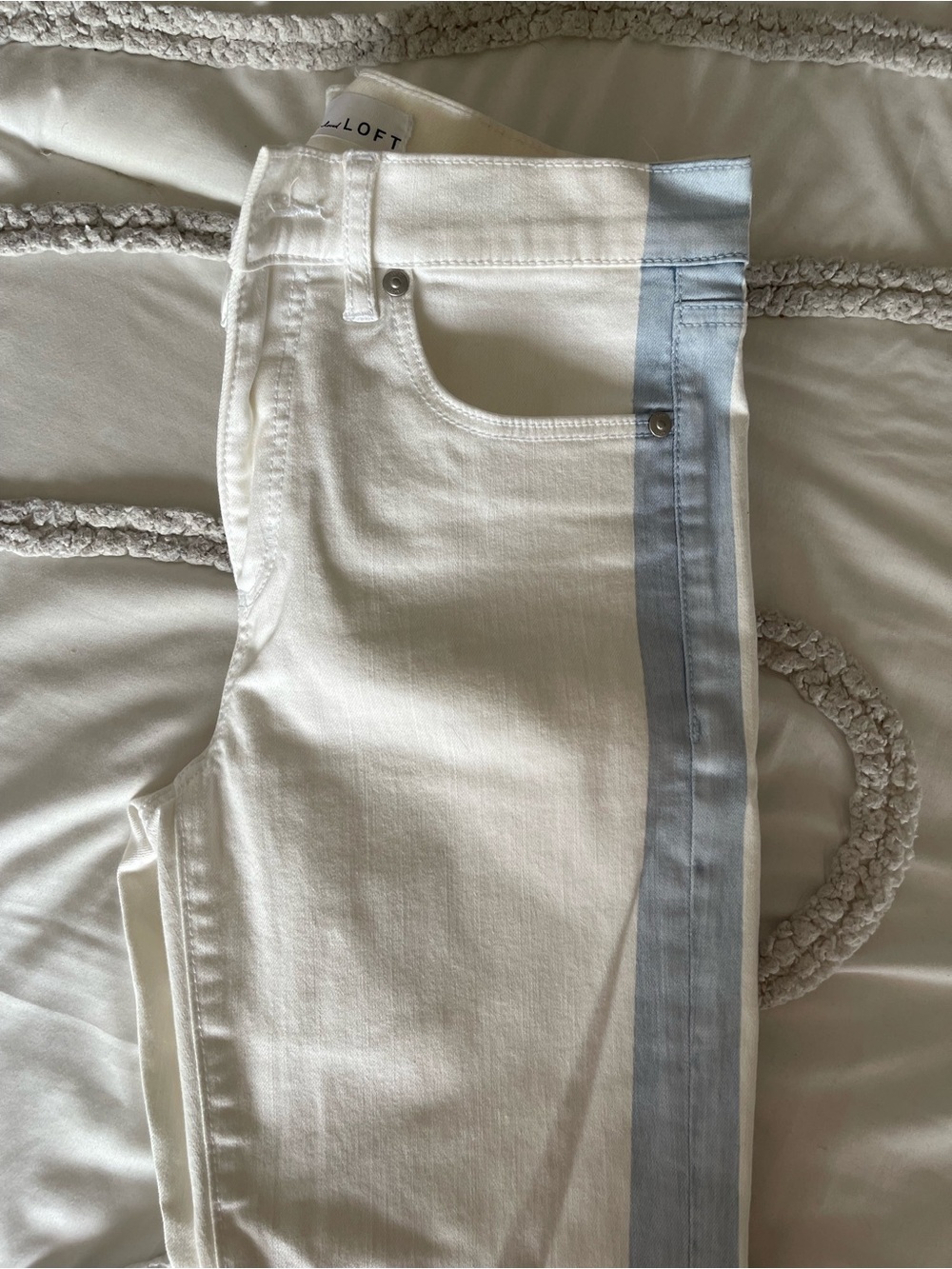 LOFT White Skinny Jeans with Pale Blue Side Stripe